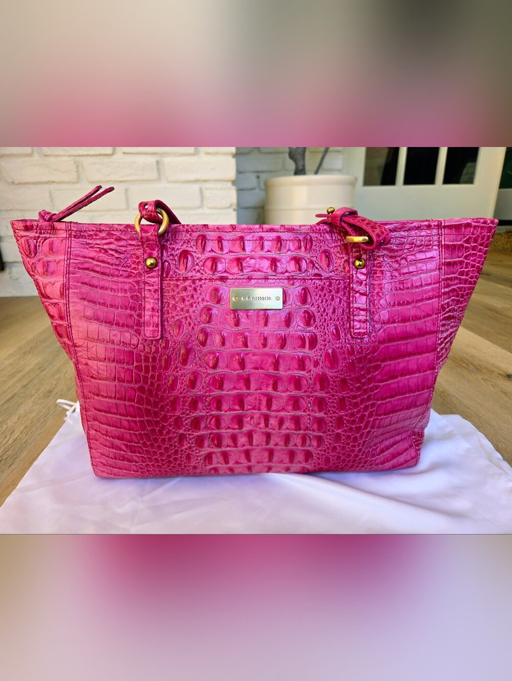 Brahmin Pink Croc-Embossed Tote Bag - Picture 2 of 16
